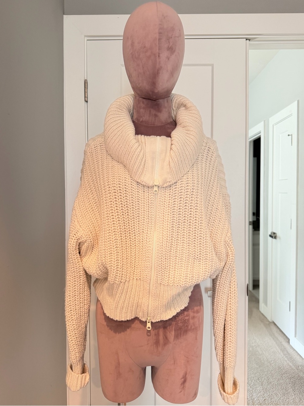 aerie Cream Zip-Up Chunky Cowl Sweater - Picture 3 of 11